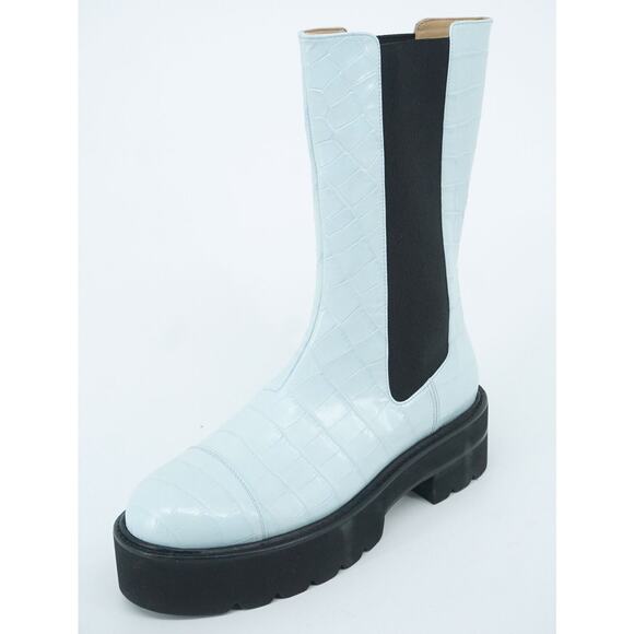 Stuart Weitzman Presley Lug-Sole Croc-Emb Leather Chelsea Boots SZ 8.5 Blue $695